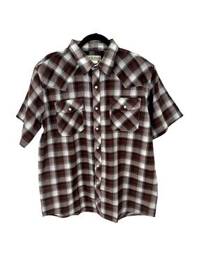 NEW Haband Mens Western Plaid Shirt Size L Brown White Snap-Front Short Sleeve